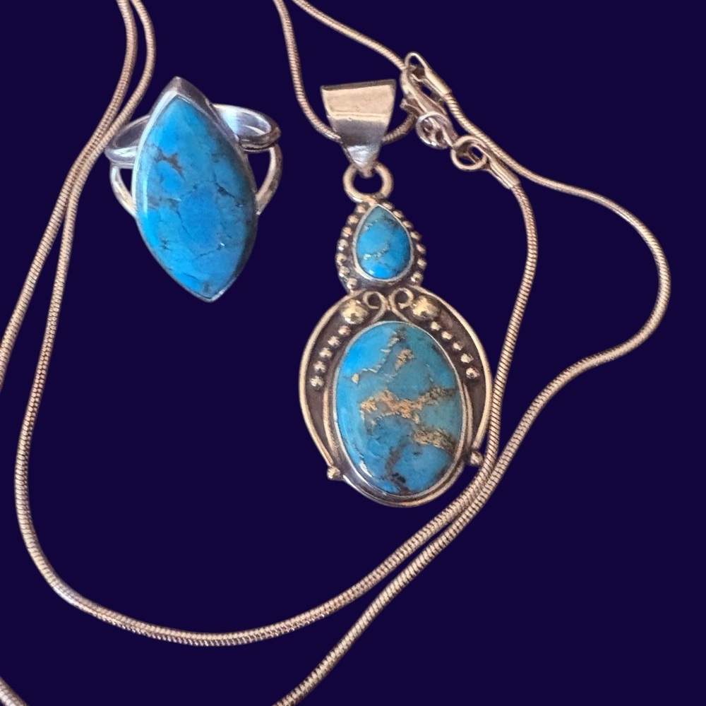 Turquoise Stone Pendant Necklace with Matching Ring - Blue Silver Set